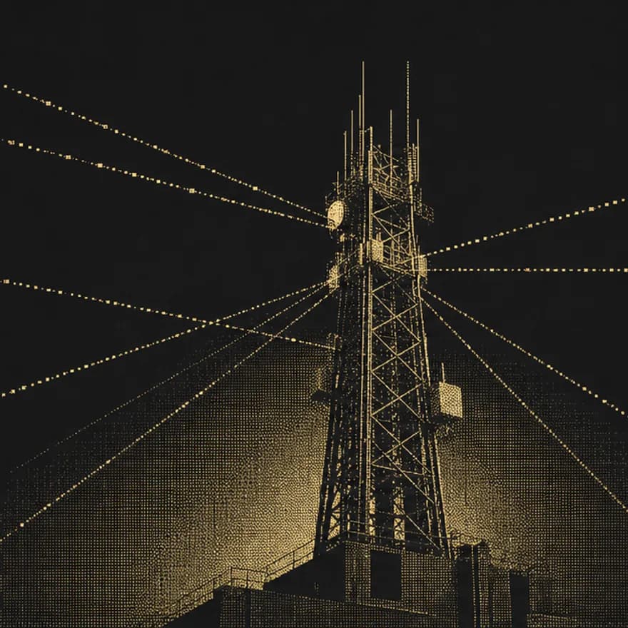 Halftone artwork of a radio tower carrying beams of data