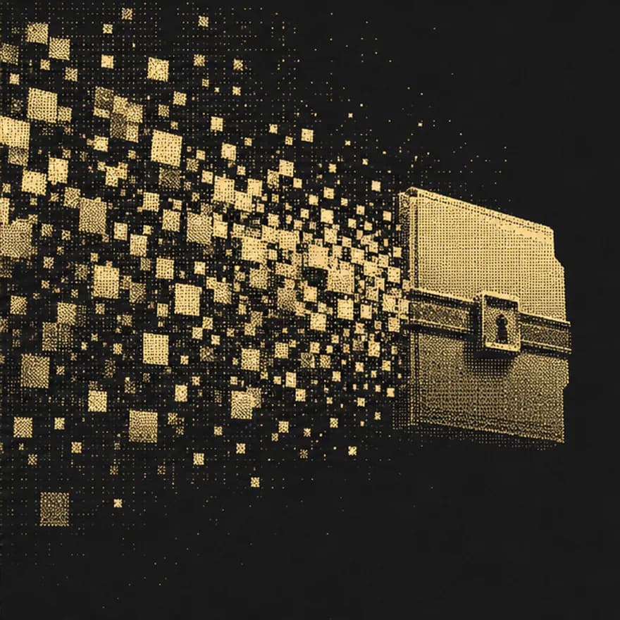 Halftone artwork of pixels converging into a sealed case